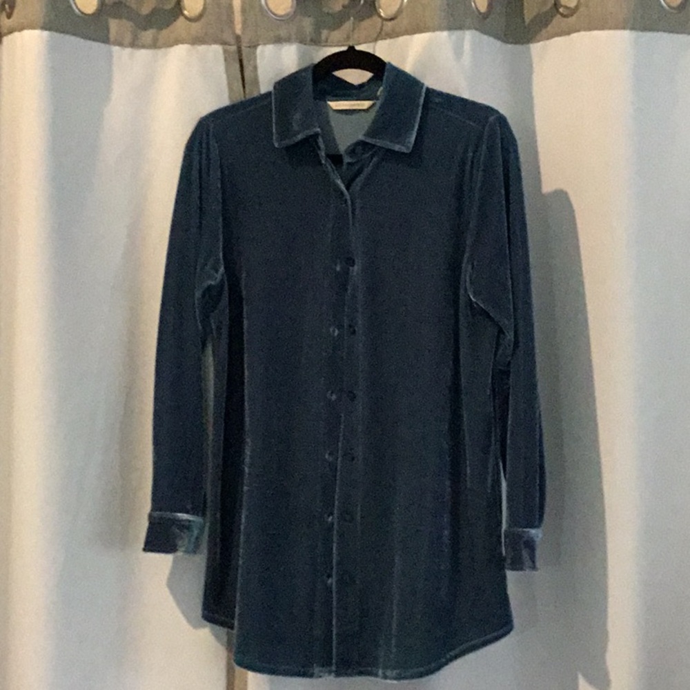 Soft Surroundings Green Velvet Button-Front Shirt XS Party Dressy Holiday Luxe